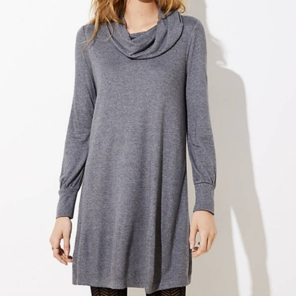 M Ann Taylor LOFT Grey Soft Cowl Neck Long Sleeve Dress